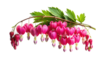 Closeup of Bleeding Heart Flowers on a Branch with Vibrant Green Leaves