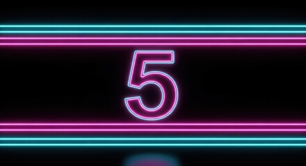Bright Neon Number Five on Dark Background