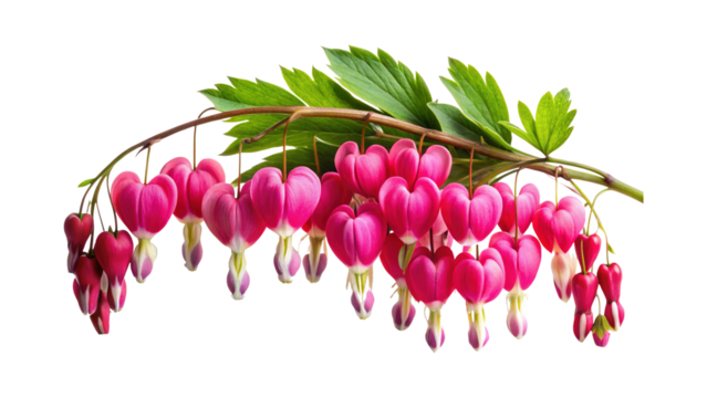 Closeup of Bleeding Heart Flowers on a Branch with Vibrant Green Leaves