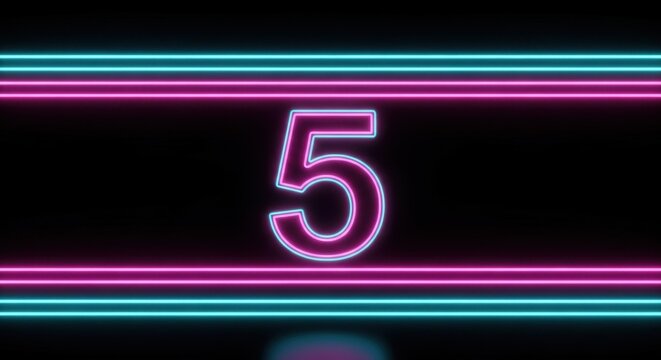 Bright Neon Number Five on Dark Background