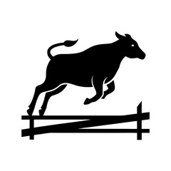 Black silhouette of a cow jumping over a fence