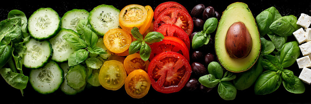 A vibrant display of sliced tomatoes, cucumbers, and cheese cubes arranged neatly on a black surface, enhanced with fresh basil leaves and olives, showcasing healthy ingredients. - Powered by Adobe