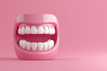 3D render of a comic-style open mouth with teeth on a pink banner background, ideal for dental branding, playful ads, social media visuals and bold graphic design projects.web banner flyer