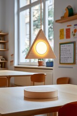 Wood triangle lamp hangs over wooden table in room, light and window in the background