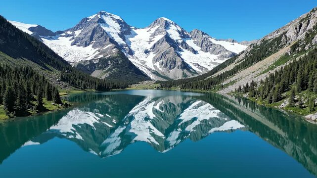Stunning aerial drone shot of a perfectly glassy mountain lake reflecting symmetrical peaks in a pristine, empty wilderness landscape mirror, freedom, mountains