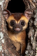 Obraz premium Wide-eyed lemur peeks out from a tree hollow, fur in warm brown tones