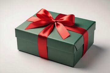 Obraz premium Green gift box with red ribbon on white background.