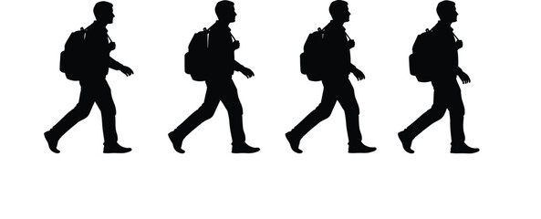 Walking silhouette sequence with backpack, motion phases, stride progression, black on white, human movement icon
