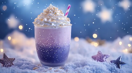 A galaxy themed milkshake with whipped cream shimmering stars in the winter sky as background