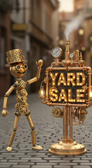 Charming steampunk robot character with goggles and top hat advertising a 'Yard Sale' on a vintage cobbled street.