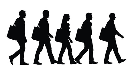 Silhouettes of people walking with shopping bags isolated on white background, Vector