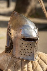 Obraz premium old medieval bascinet-type helmet popular in medieval Europe, evolving from a simple steel cap in the late 13th century