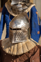 Obraz premium old medieval bascinet-type helmet popular in medieval Europe, evolving from a simple steel cap in the late 13th century