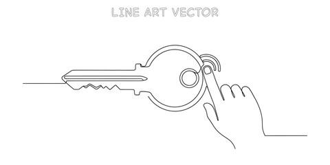 Door key with a fingerprint scanner and finger touching it