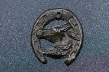 a medallion or pendant with a horse's head and horseshoe, probably made of metal, serving as a lucky talisman.