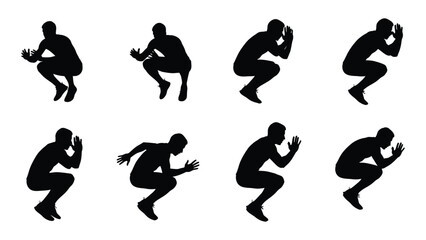 Athletic man squatting and jumping silhouettes isolated on white background, Vector
