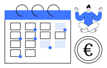 Calendar with blue highlights marking events, figure meditating in peaceful pose, large Euro coin. Ideal for planning, wellness, mindfulness, finance, scheduling balance simplicity. Clean flat