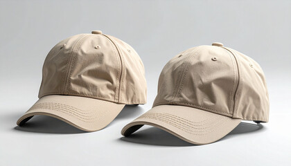 Beige baseball cap shown front and back with curved brim and adjustable strap on neutral background.