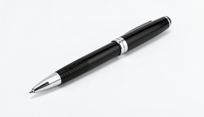 Black ballpoint pen with silver accents and clip on white background, sleek and professional design.