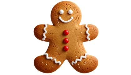 Christmas gingerbread man cookie with white icing and red candy buttons, festive holiday treat