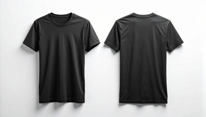 Plain black T-shirt front and back flat lay on white background with short sleeves and crew neck.