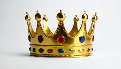 Golden royal crown with colorful gemstones on light background, featuring pointed arches and spherical tips.