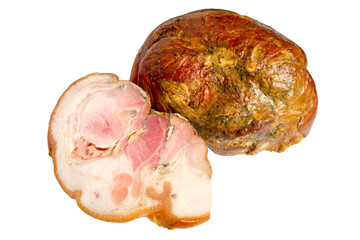 Sliced smoked meatloaf isolated on a white background. Fresh smoked pork with spices