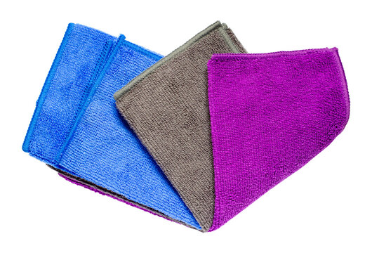 Set of multicolored microfiber cloths on a white background. Microfiber kit isolated