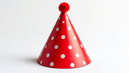 Red cone-shaped party hat with white polka dots and pom-pom on top, centered on white background.