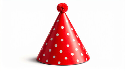 Red cone-shaped party hat with white polka dots and pom-pom on top, centered on white background.