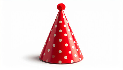 Red cone-shaped party hat with white polka dots and pom-pom on top, centered on white background.