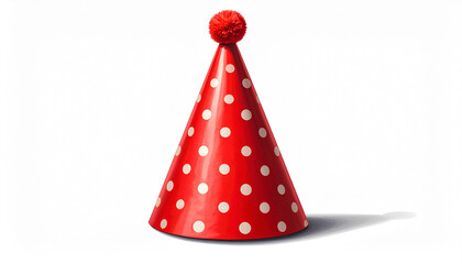 Red cone-shaped party hat with white polka dots and pom-pom on top, centered on white background.