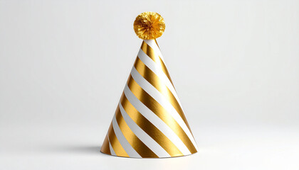 Gold and white striped cone party hat with pom-pom on top, centered on white background.