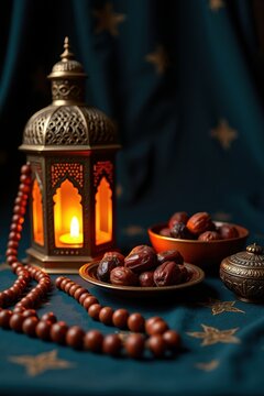 Traditional ramadan lantern with dates and prayer beads on a dark background