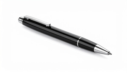 Black ballpoint pen with silver accents and clip on white background, sleek and professional design.