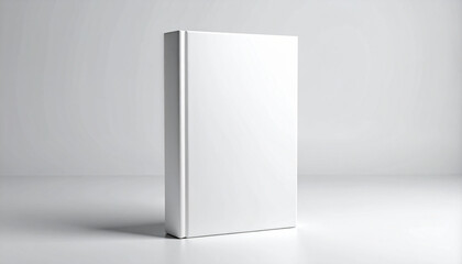 Blank white book standing upright on light gray background with minimalist cover and no markings.
