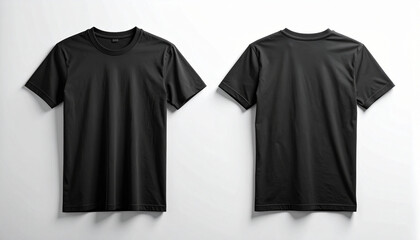 Plain black T-shirt front and back flat lay on white background with short sleeves and crew neck.