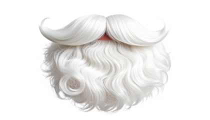 Classic white fluffy faux beard and curly mustache costume accessory on a bright background