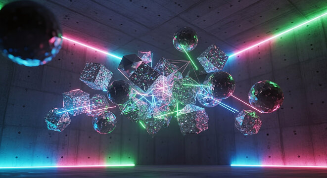 Neon Futuristic Network Cubes Spheres Concrete Room. - Powered by Adobe