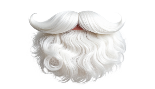 Classic white fluffy faux beard and curly mustache costume accessory on a bright background
