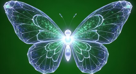 a luminous and intricately designed butterfly with glowing wings is displayed against a vibrant green backdrop showcasing digital artistry high quality professional detailed
