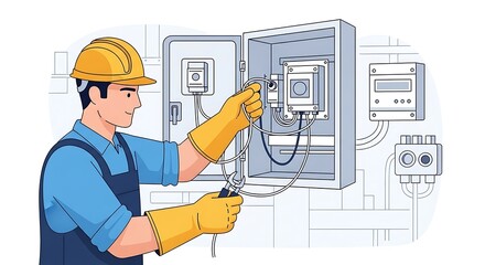 Electrician Working on Electrical Panel with Tools and Safety Gear.