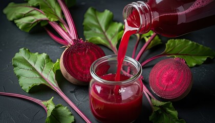 Freshly poured vibrant beetroot juice with whole beets and leaves.