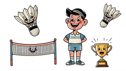 Happy cartoon badminton players, shuttlecocks, net, and trophy illustration