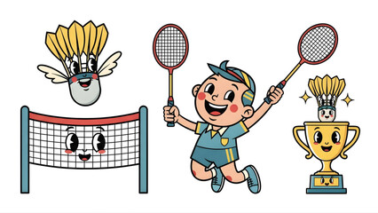 Fun Badminton Characters and Trophy for Sports Illustrations