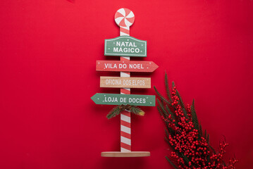 Whimsical christmas candy cane signpost directing to festive holiday destinations