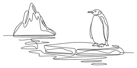 Single continuous line art of an emperor penguin on an ice floe with a towering iceberg in the background, a minimalist arctic scene. Vector, illustration