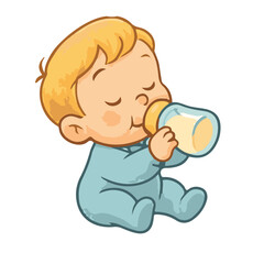 Cute baby sitting and drinking milk from a bottle