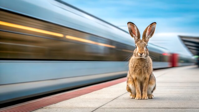 Rabbit sits calmly on train platform while trains pass by in motion during bright day