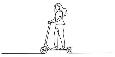 Continuous line art drawing of a young woman riding an electric kick scooter, representing modern urban mobility and sustainable transport. Vector, illustration